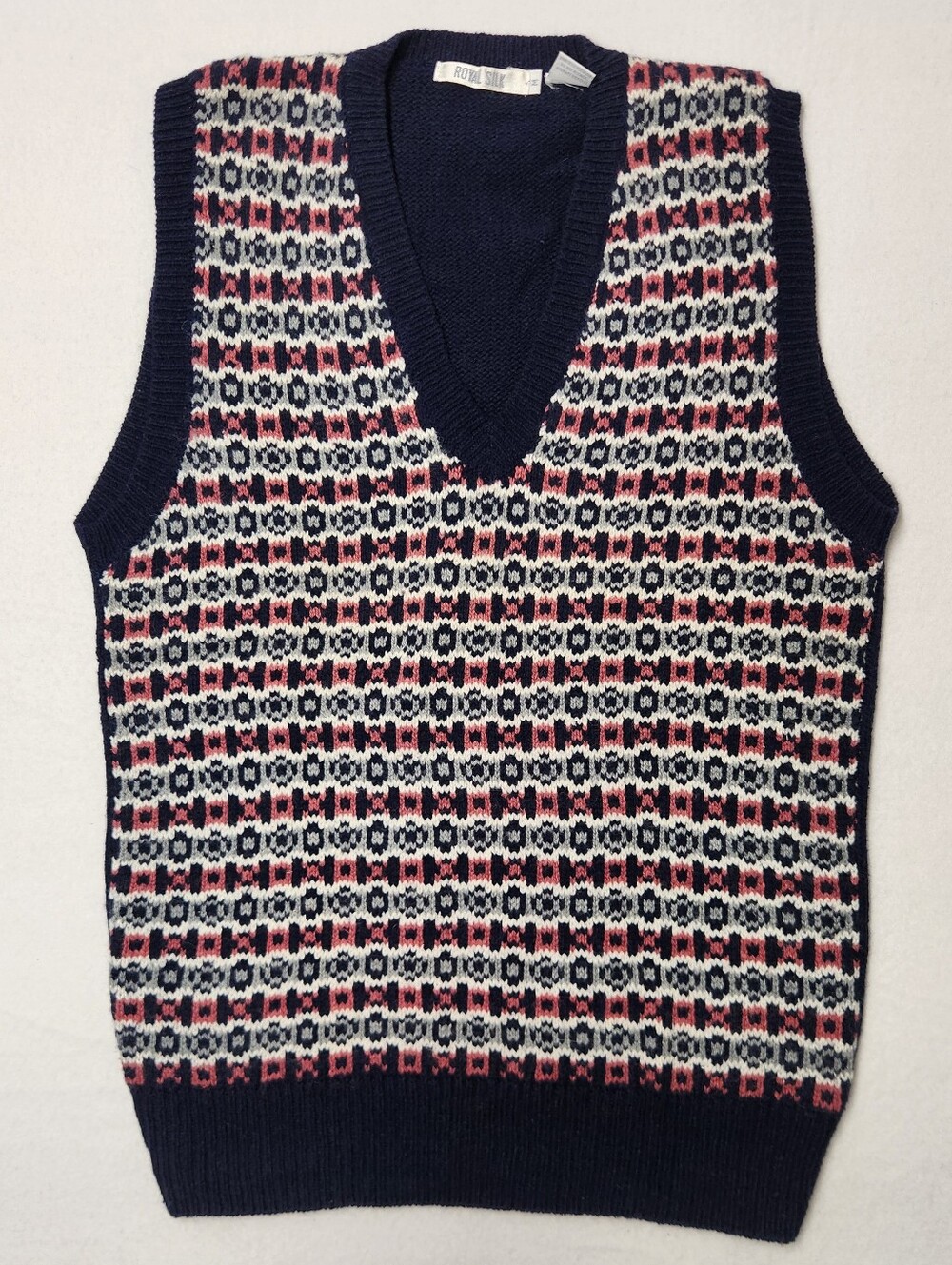 Royal Silk Navy Fair Isle V-Neck Sweater Vest Silk Wool Cotton Dark Academia M